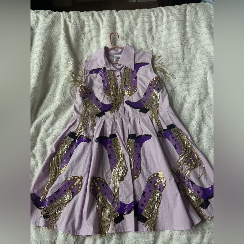 QUEEN OF SPARKLES Lilac Dress with Purple and Gold Fringe Embellishments